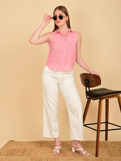 Pink striped yarn-dyed cotton sleeveless shirt for women