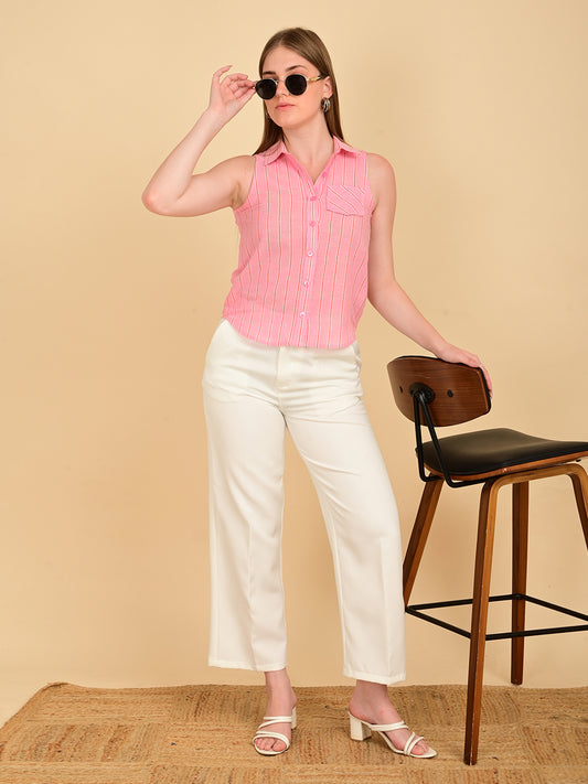 Pink striped yarn-dyed cotton sleeveless shirt for women