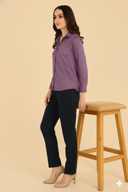 “Women’s Satin Shirt in Plum Purple – Side View Showing Smooth Silky Drape and Full Sleeves”