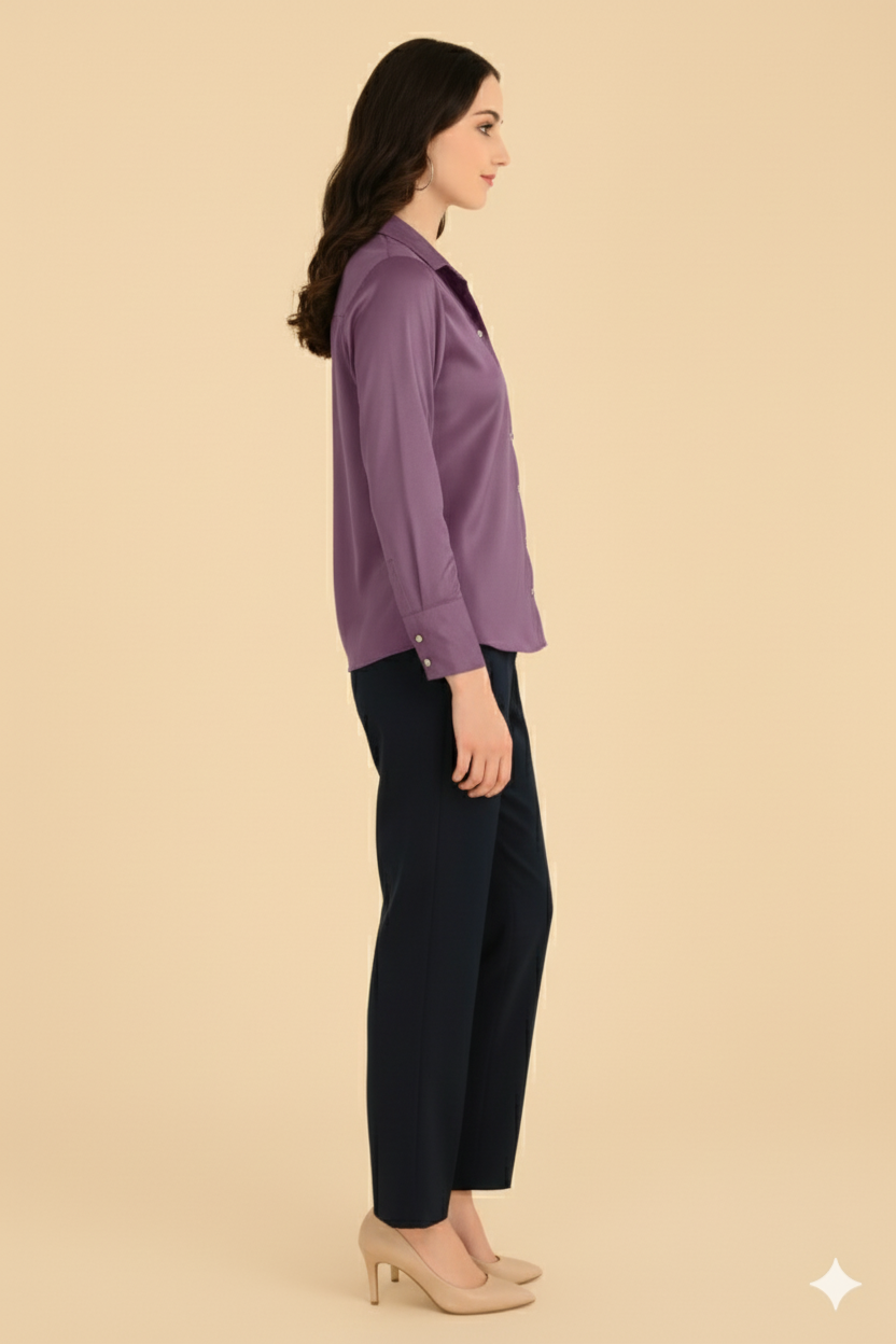 “Women’s Satin Shirt in Plum Purple – Side View Showing Smooth Silky Drape and Full Sleeves”