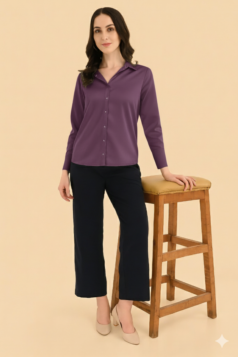 “Women’s Plum Purple Satin Shirt – Front View | Silky Long Sleeve Button-Down for Office & Party Wear”
