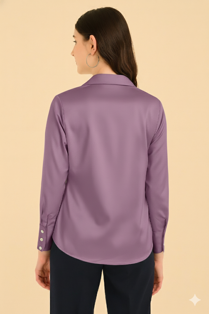 “Women’s Plum Satin Shirt – Back View Showing Smooth Satin Finish and Long Sleeves”