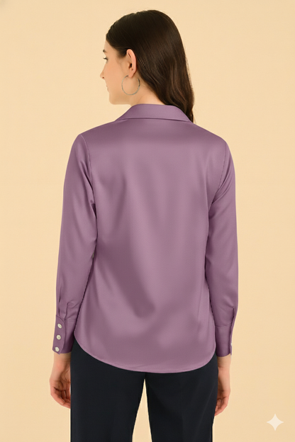 “Women’s Plum Satin Shirt – Back View Showing Smooth Satin Finish and Long Sleeves”