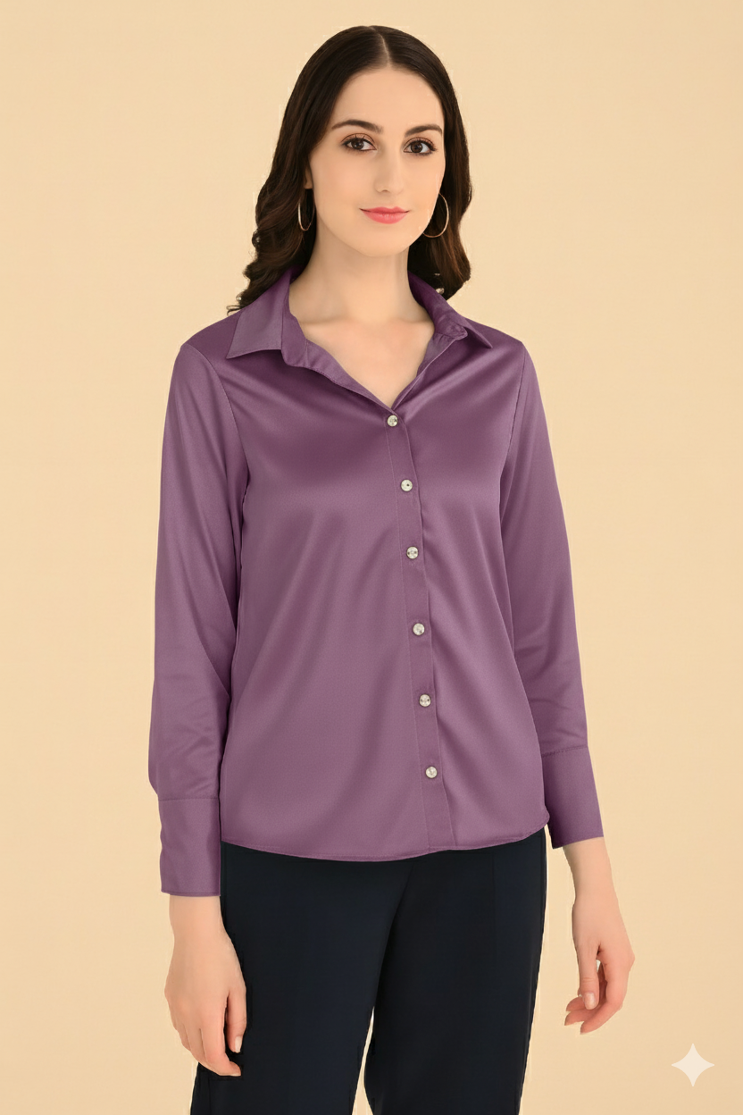 “Plum Purple Satin Shirt for Women – Premium Silky Fabric, Classic Collar, Button-Down Design”