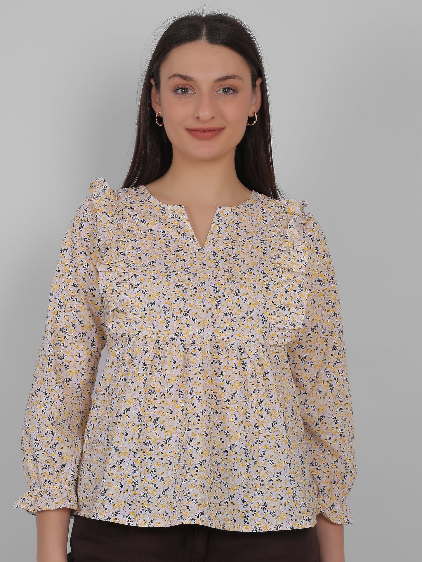 “Women wearing 100% cotton all over printed floral top, front view, breathable summer wear for women in India”