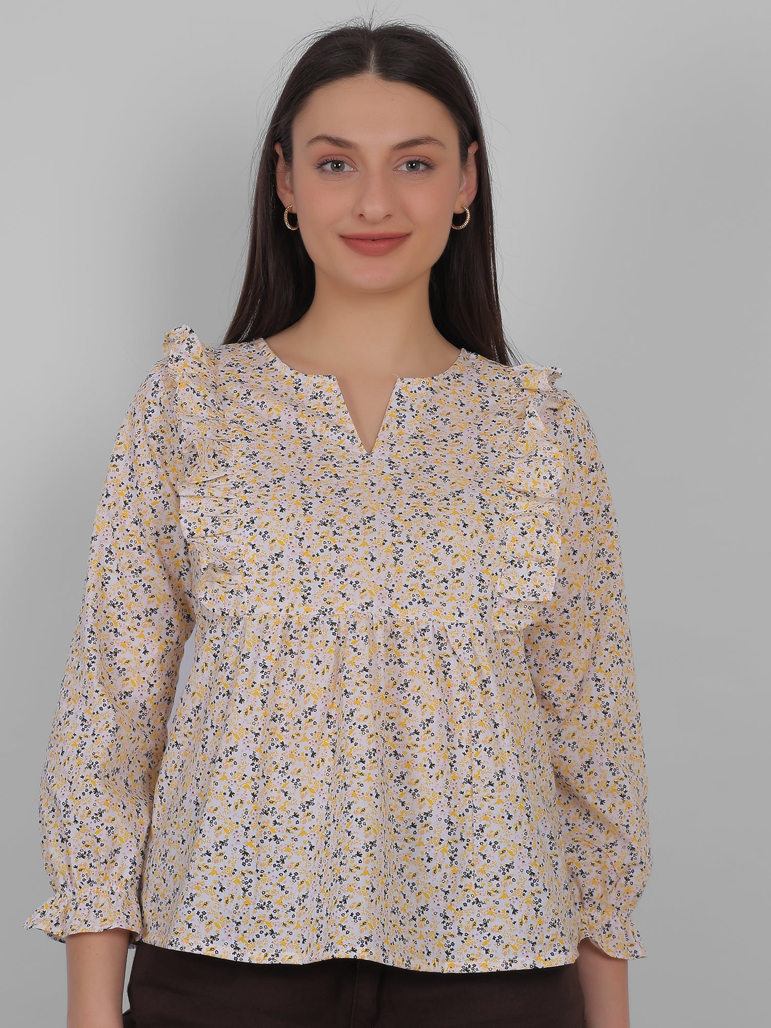 “Women wearing 100% cotton all over printed floral top, front view, breathable summer wear for women in India”