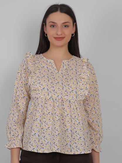 “Women wearing 100% cotton all over printed floral top, front view, breathable summer wear for women in India”
