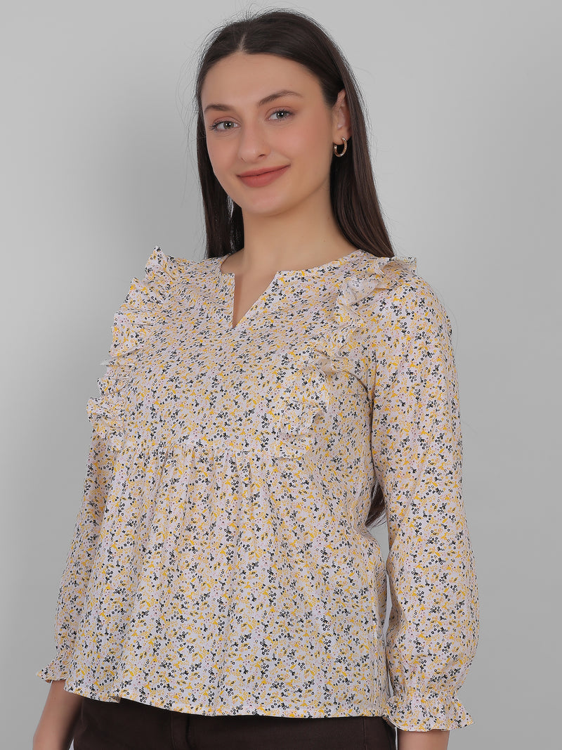 Women wearing 100% cotton all over printed top in floral design, breathable summer wear for women in India