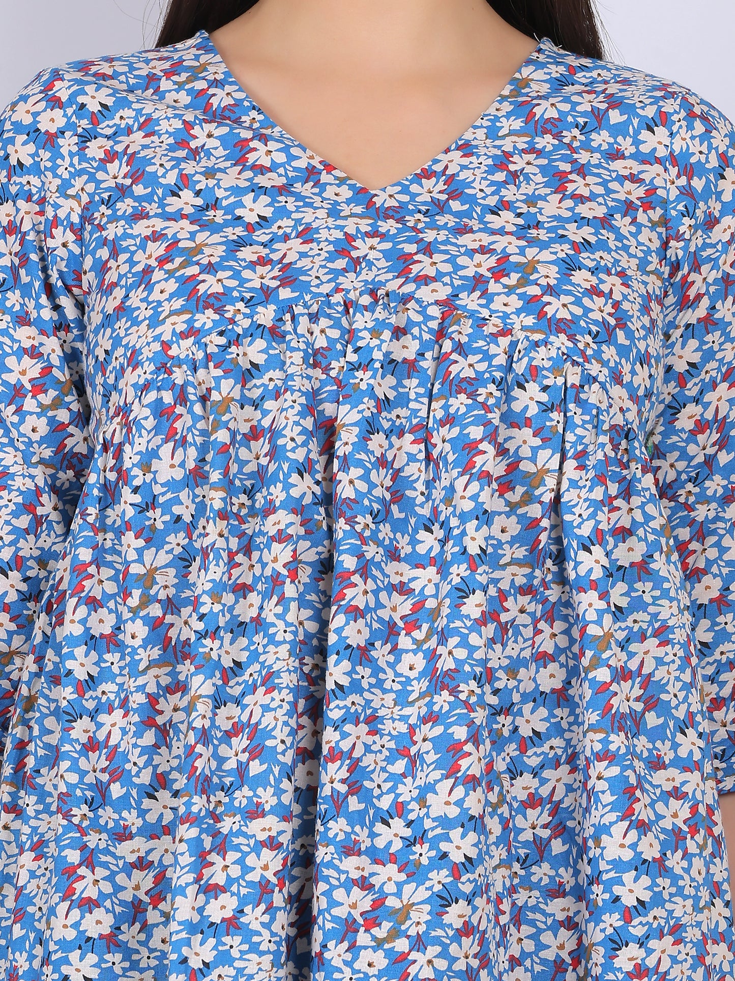 Close up of blue floral printed cotton fabric, soft breathable 100% cotton