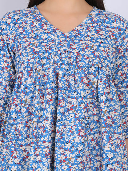 Close up of blue floral printed cotton fabric, soft breathable 100% cotton