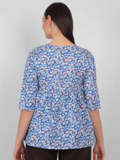 Back view of blue floral cotton top for daily wear