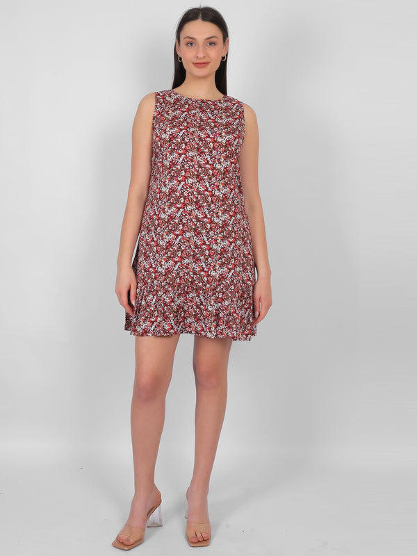 Woman wearing all over printed rayon dress for women in India, sleeveless summer dress in lightweight breathable fabric for casual and daily wear