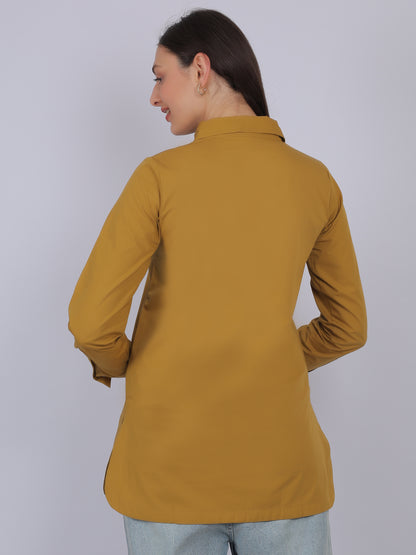 Back view of mustard yellow 100% cotton solid long top for women with full sleeves showing straight fit and smooth fabric finish ideal for everyday wear in India