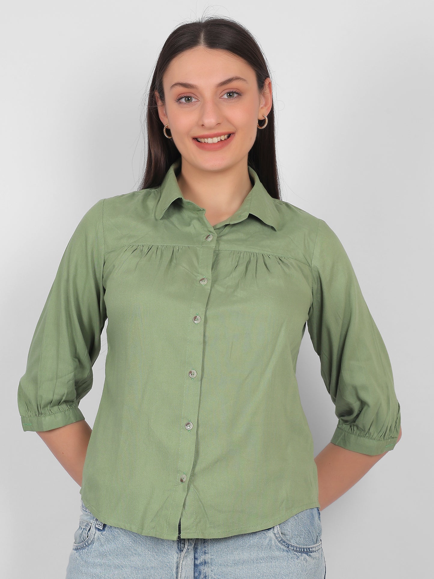 Solid green 100% rayon top for women with collared neckline and three quarter sleeves, front button casual and office wear top for Indian women