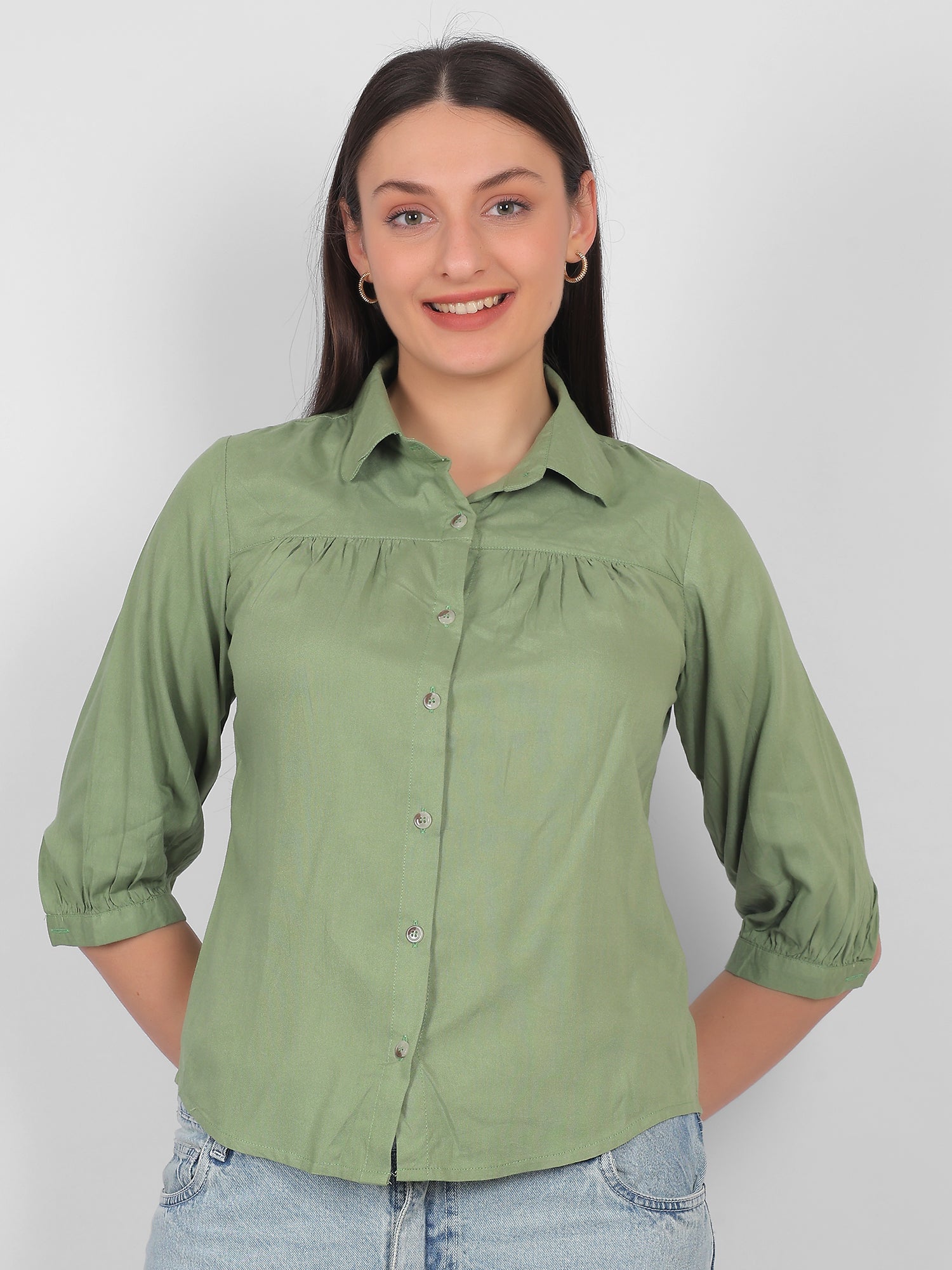 Solid green 100% rayon top for women with collared neckline and three quarter sleeves, front button casual and office wear top for Indian women