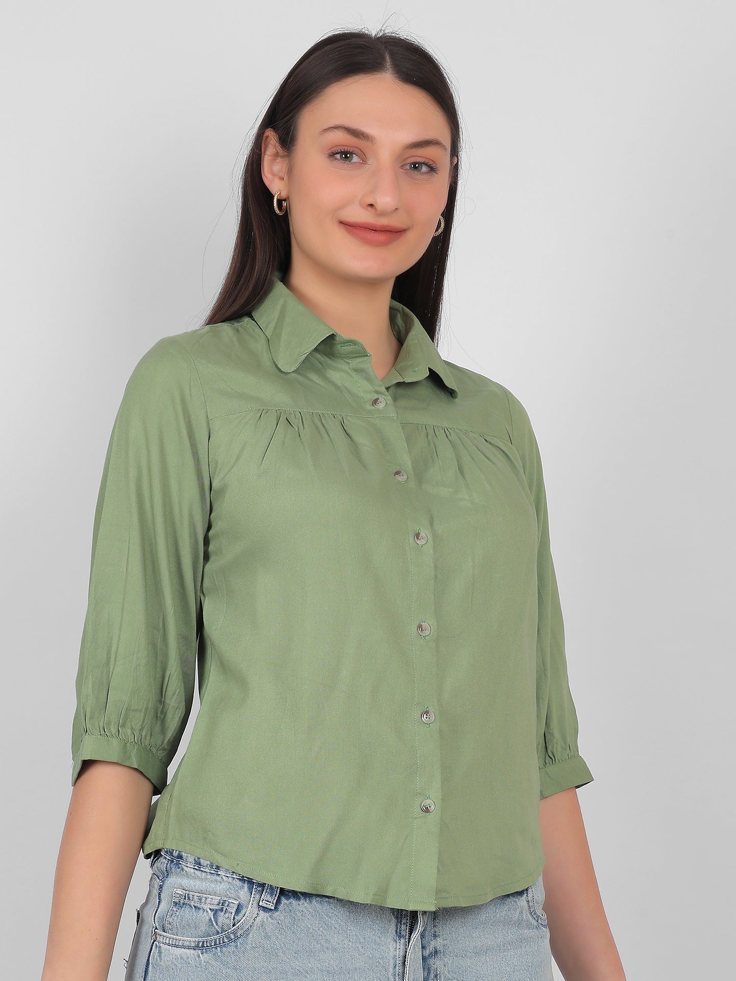 Solid green 100% rayon top for women with collared neckline, front button design and three quarter sleeves, elegant casual and office wear top for Indian women