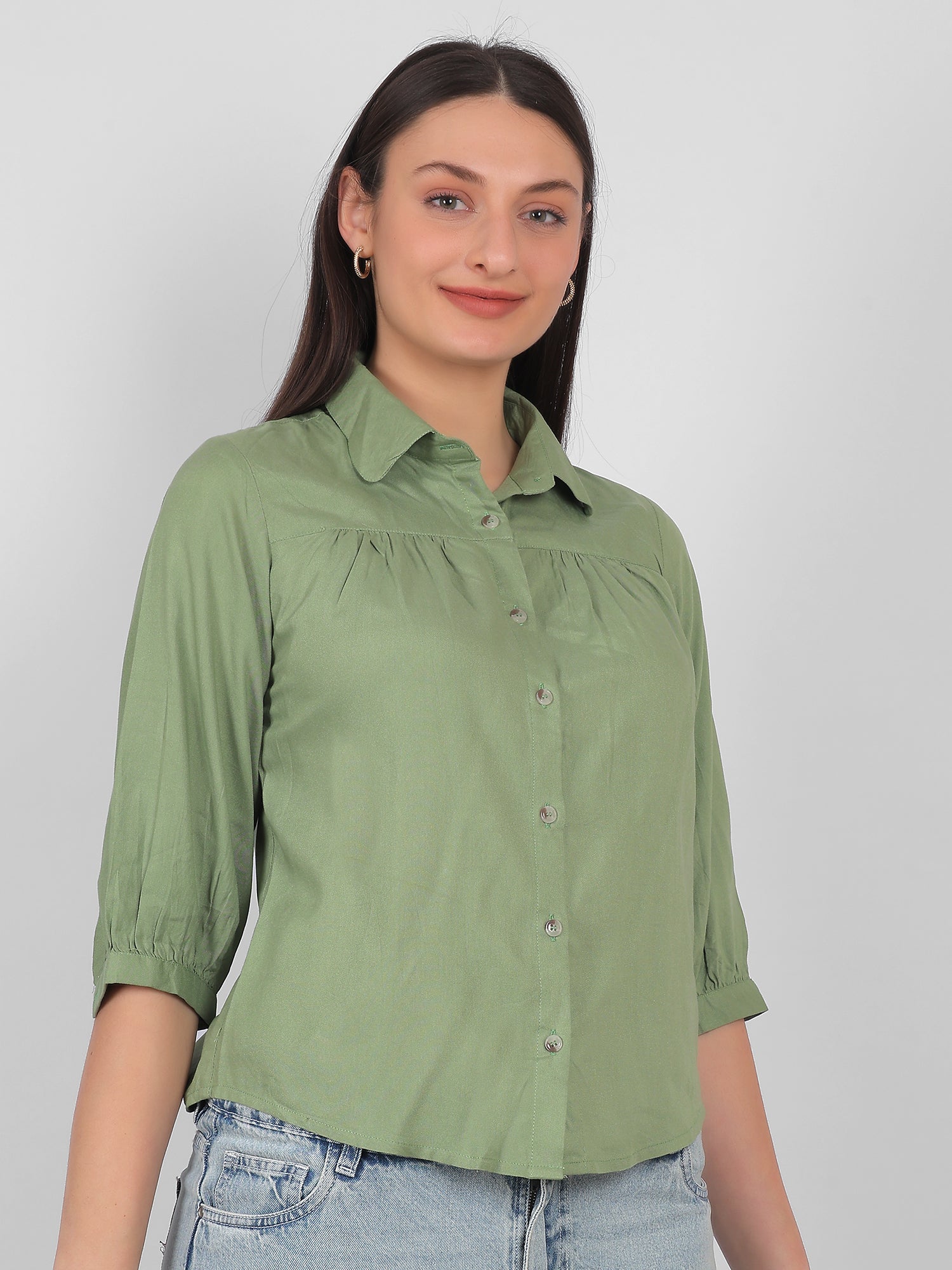 Solid green 100% rayon top for women with collared neckline, front button design and three quarter sleeves, elegant casual and office wear top for Indian women