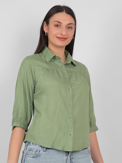 Solid green 100% rayon top for women with collared neckline, front button design and three quarter sleeves, elegant casual and office wear top for Indian women
