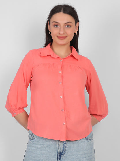 Solid coral pink 100% rayon top for women with collared neckline, front button design and three quarter sleeves, casual and office wear top for Indian women