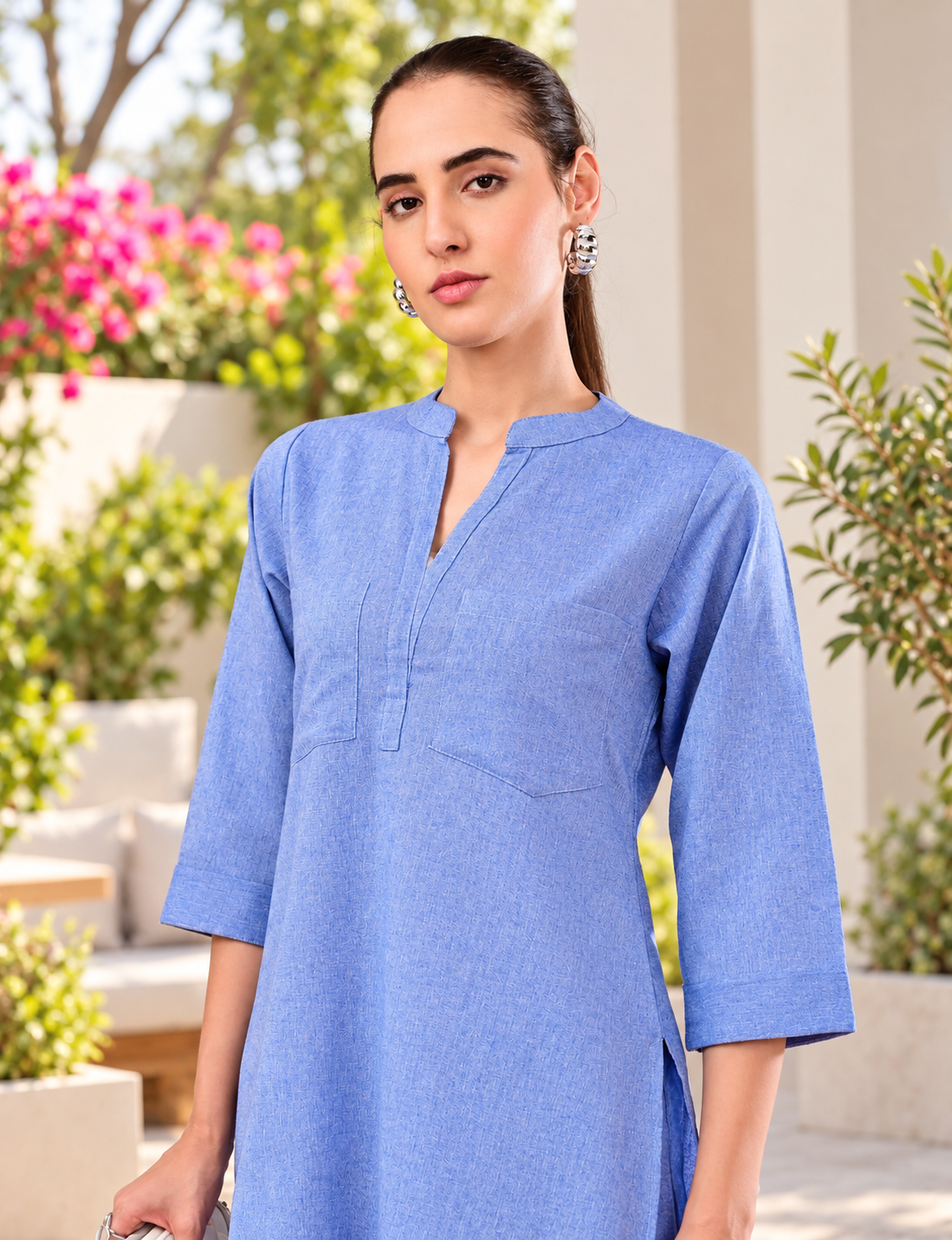 Women’s blue cotton chambray co-ord set tunic with three-quarter sleeves