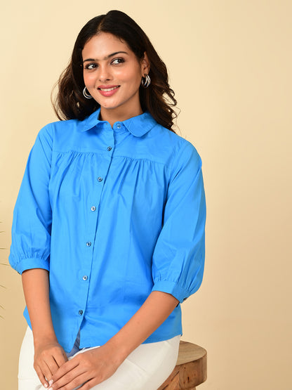 Women's blue cotton shirt with puff 3/4 sleeves, Peter Pan collar and button front