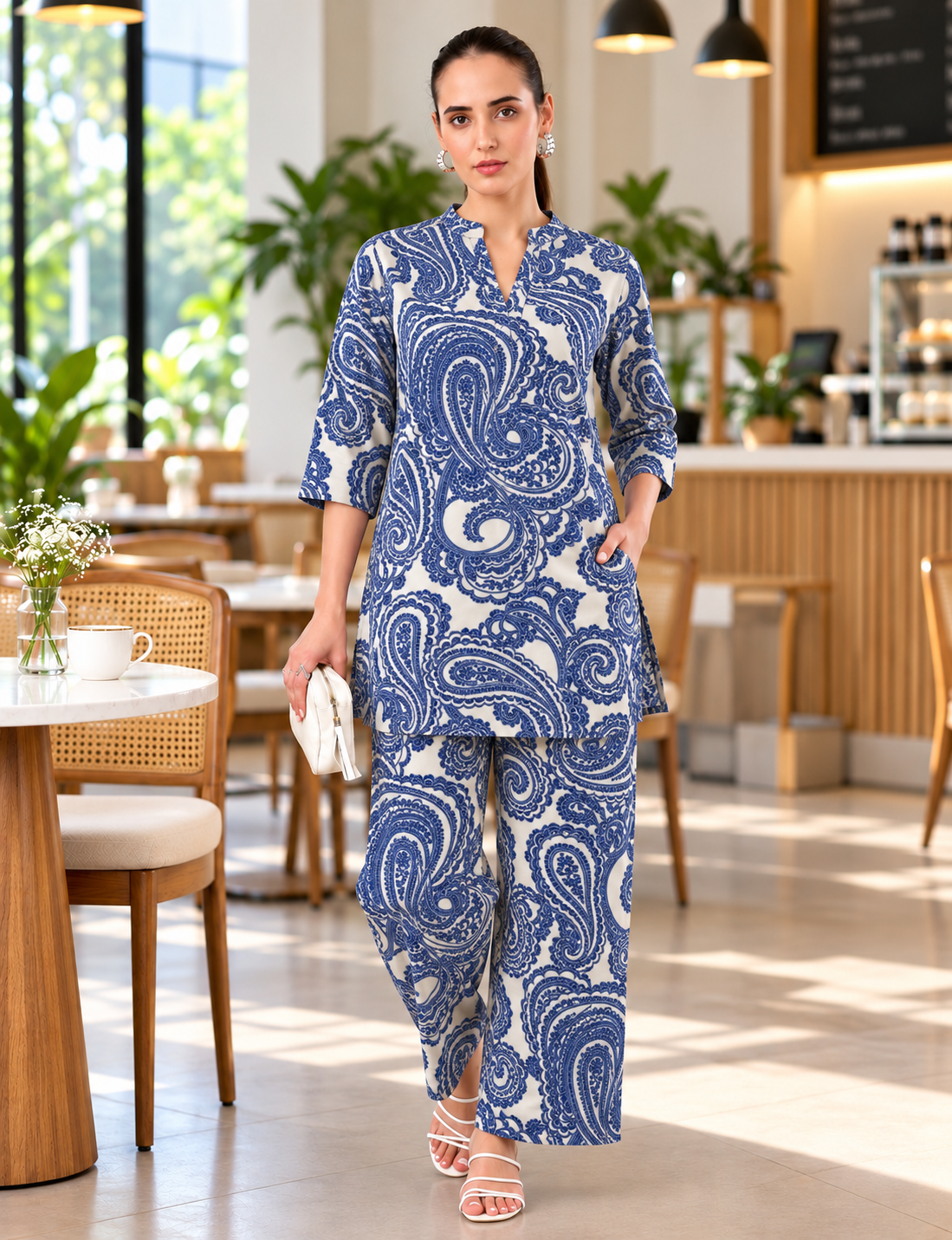 Blue and white paisley printed women's co-ord set with three-quarter sleeve tunic and matching wide-leg pants by Classy Clothing India