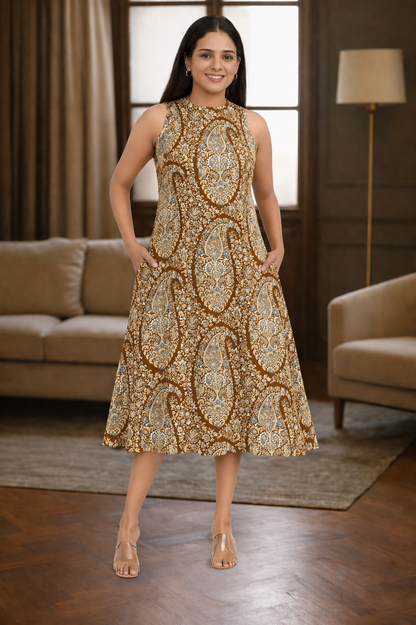 Brown printed rayon midi dress for women in India with pockets, sleeveless A-line design