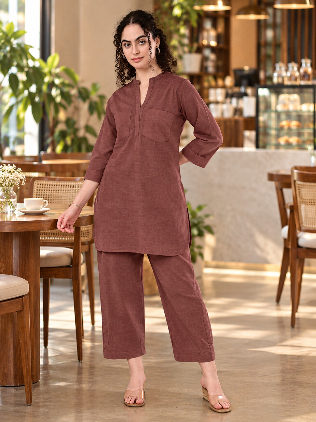 Women's chocolate brown 100% cotton double-layer textured co-ord set featuring a V-slit neckline, chest pockets, three-quarter sleeves and matching cropped trousers, styled in a modern premium café.