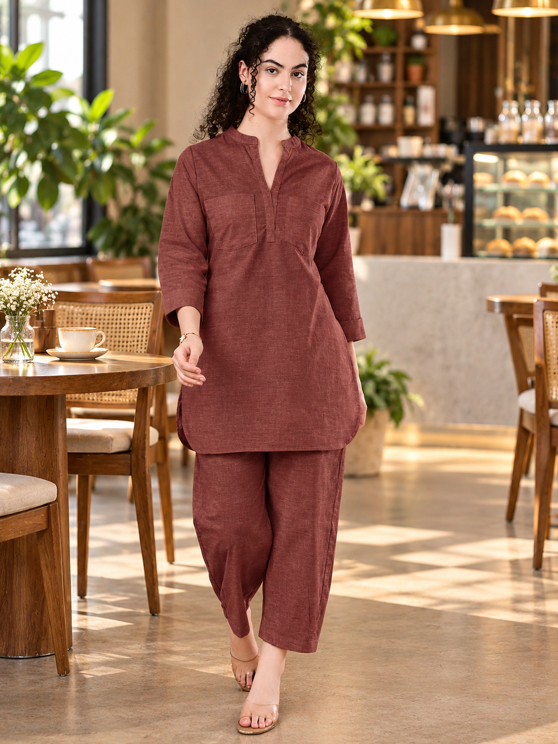Women's chocolate brown 100% cotton double-layer textured co-ord set with a mandarin neckline, front placket, two chest pockets, three-quarter sleeves and matching cropped pants.