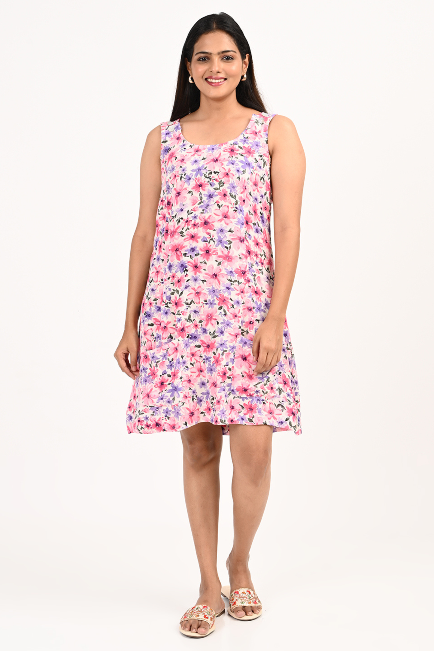 Pink floral rayon dress on model – perfect everyday outfit for modern women