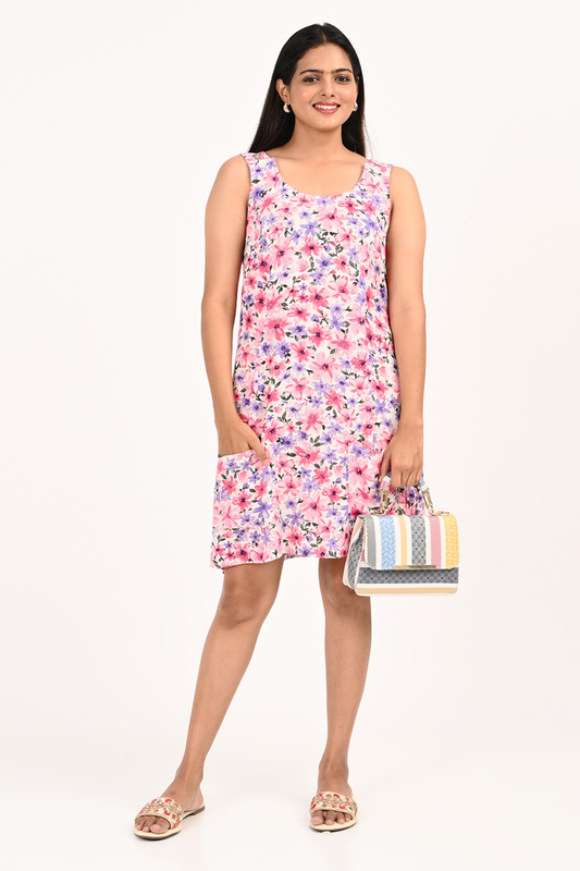 Pink and purple floral rayon A-line dress for women – front view