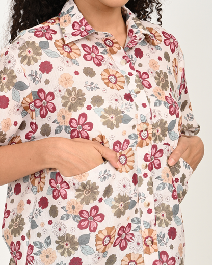 👉 Close-up of floral cotton fabric and pocket design on cream maroon top – The Classy Clothing.