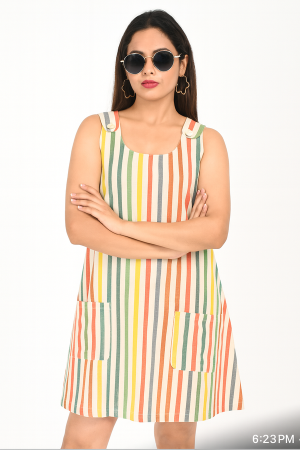 “Model with folded arms wearing sleeveless 100% cotton yarn-dyed multicolor striped dress – The Classy Clothing”