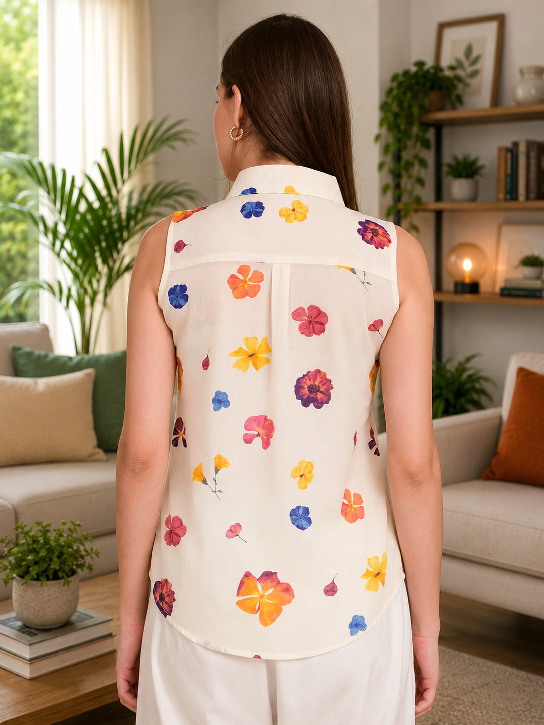 Sleeveless cotton shirt for women in India floral print summer top back view
