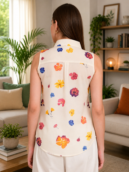 Sleeveless cotton shirt for women in India floral print summer top back view