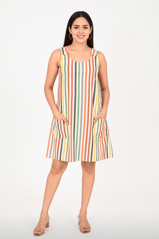 “Front view of women’s multicolor yarn-dyed 100% cotton sleeveless striped dress with pockets – The Classy Clothing”