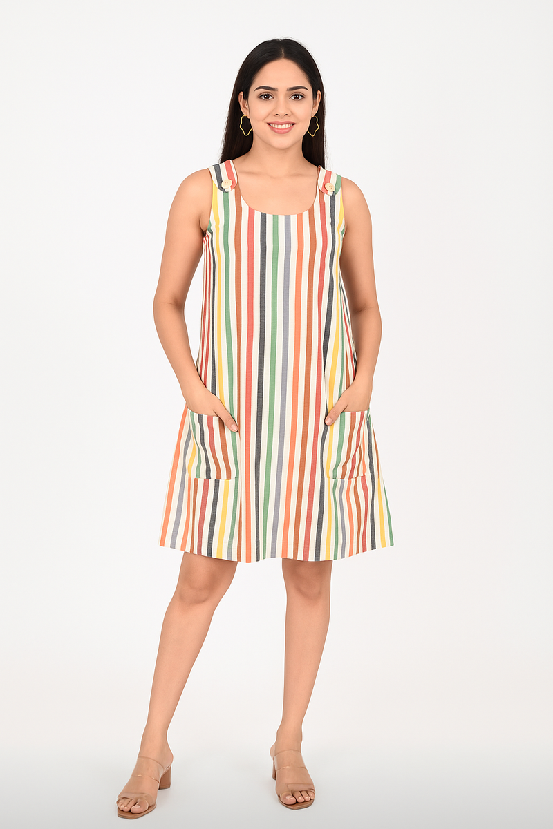 Multicolor 100% cotton striped dress for women