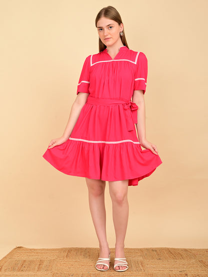 Fuchsia 100% rayon dress for women with white lace detailing, waist belt and flared hem