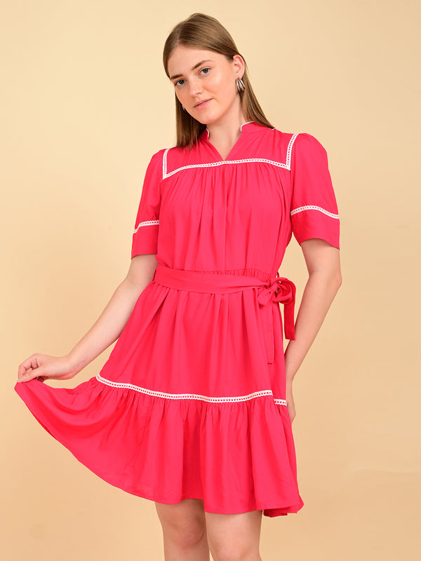 Fuchsia 100% rayon dress for women with white lace detailing and waist belt