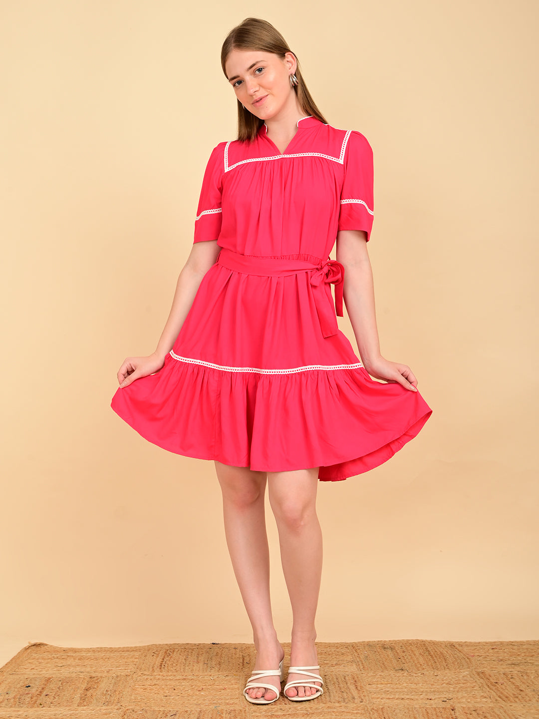Fuchsia 100% rayon dress for women with white lace detailing and waist belt