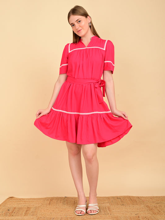 Fuchsia 100% rayon dress for women with white lace detailing and waist belt