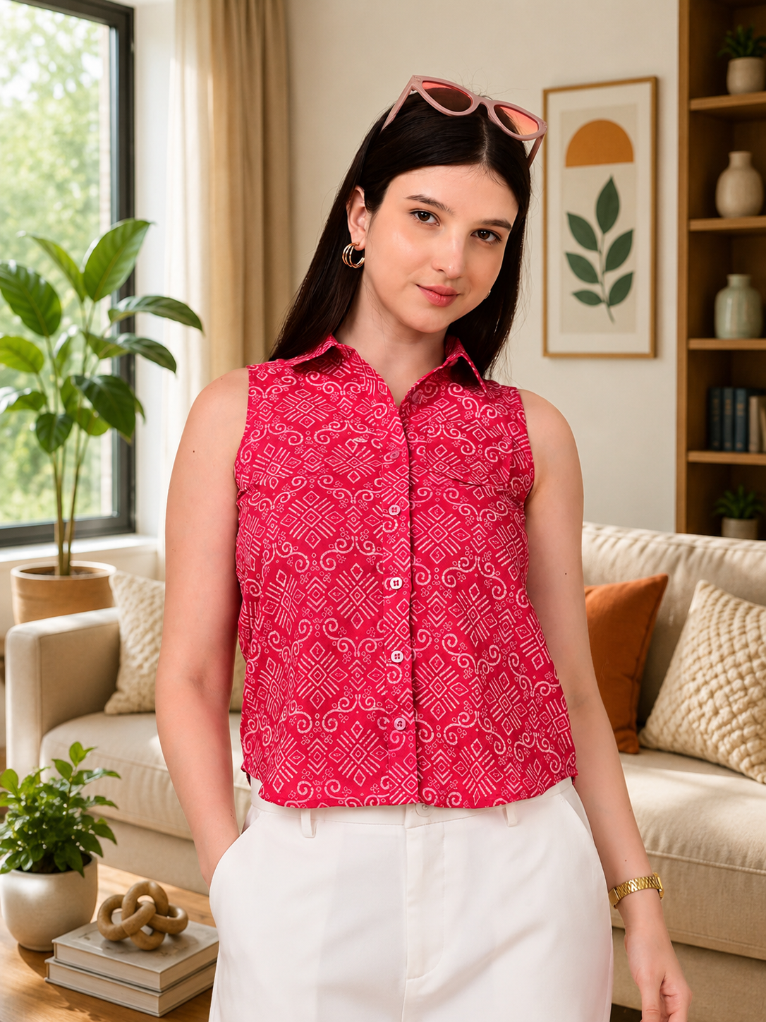 Fuchsia printed sleeveless cotton shirt for women made from 100% cotton fabric, stylish casual and office wear shirt for women in India