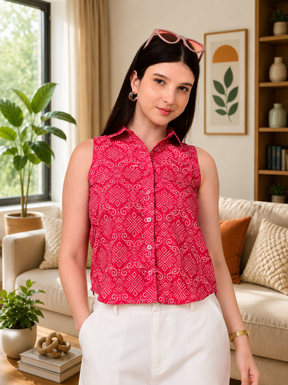 Fuchsia printed sleeveless cotton shirt for women made from 100% cotton fabric, stylish casual and office wear shirt for women in India
