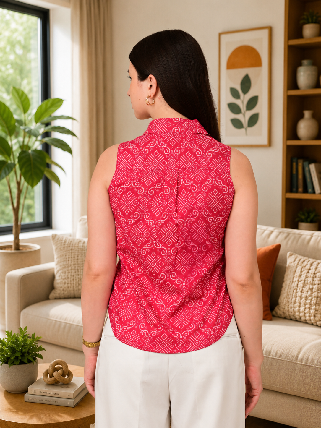 Back view of fuchsia printed sleeveless cotton shirt for women in breathable 100% cotton fabric