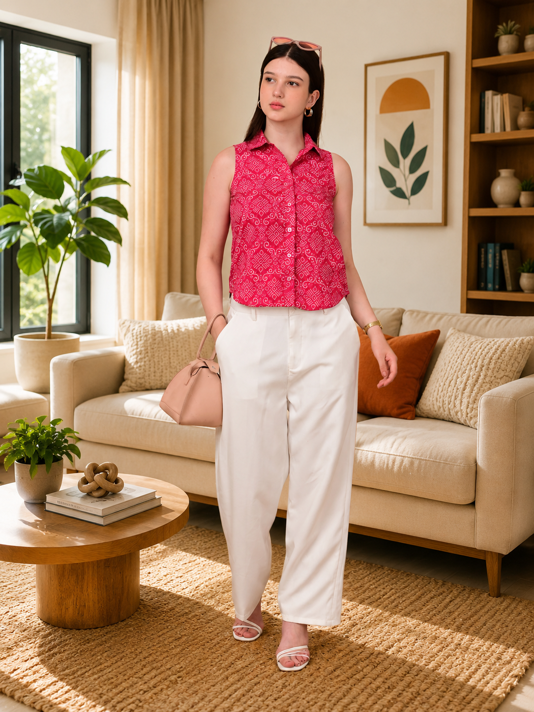 Full length view of fuchsia printed sleeveless cotton shirt for women in 100% cotton fabric paired with white trousers