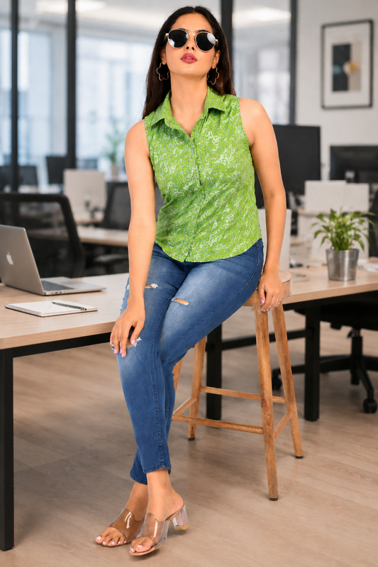 Green Paisley Sleeveless Cotton Top for Women Paired with Blue Jeans for Office Wear
