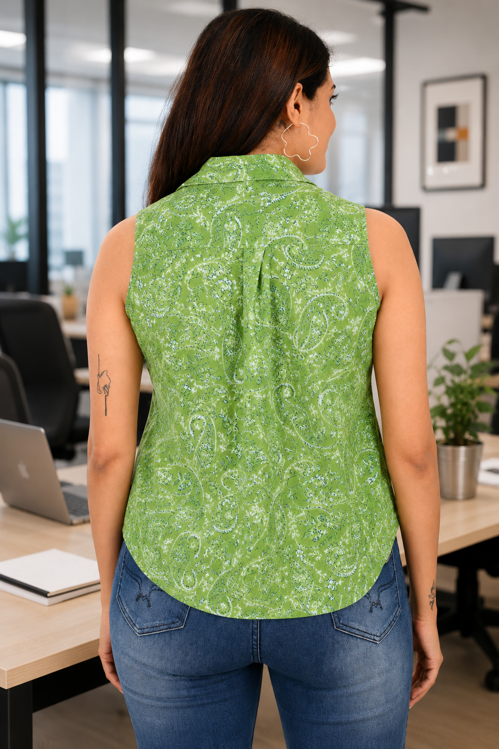Women's green sleeveless cotton top back view with paisley print