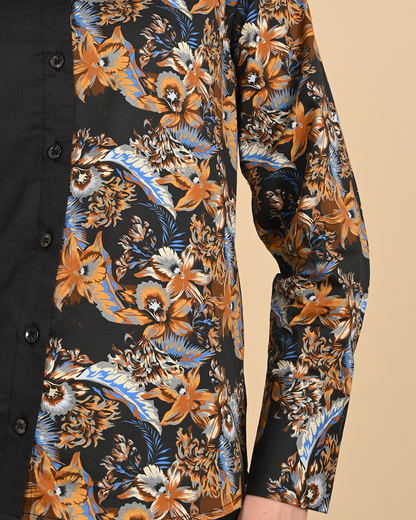 Close-up detail of the half black solid and floral printed women's shirt showing high-quality rayon cotton texture and button finish.