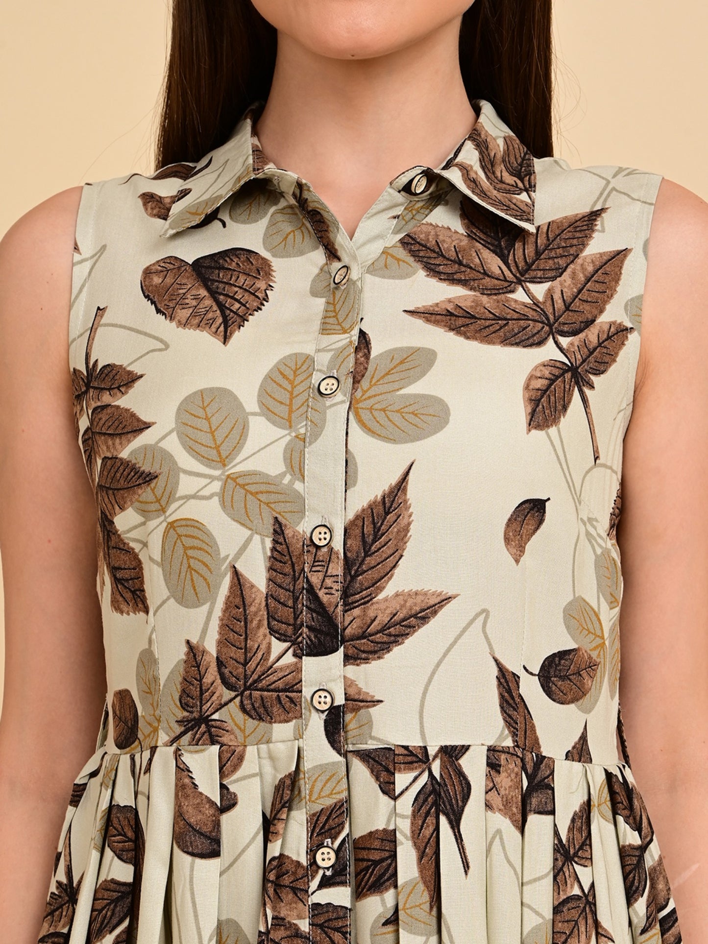 rayon dress women beige leaf print neck detail