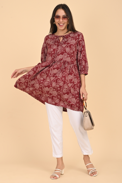 Alternative front view of the maroon paisley rayon tunic, highlighting the V-neck and relaxed fit for daily wear.